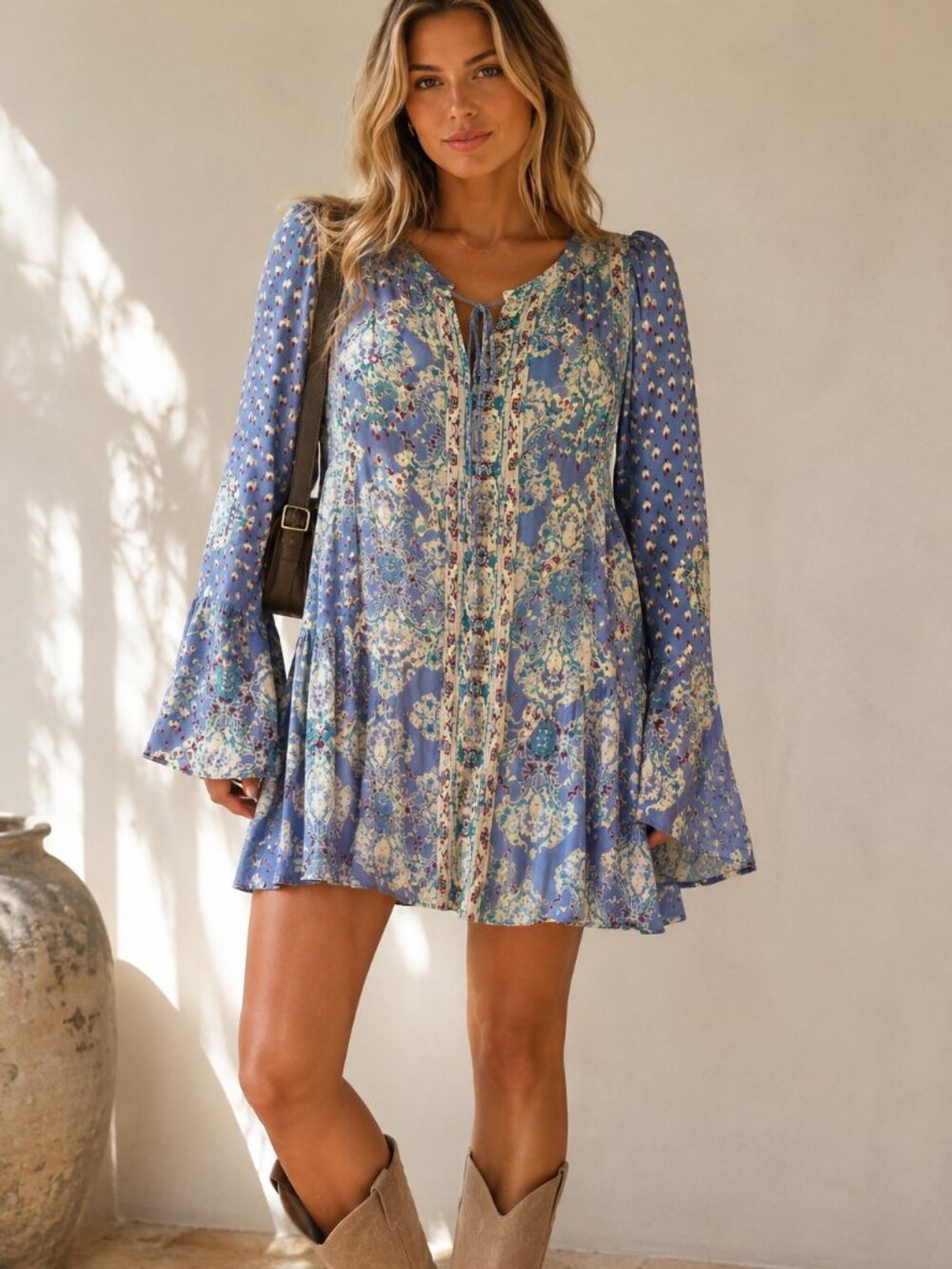 Free People Magic Mystery Tunic Dress Boho Paisley Print Bell Sleeve Size M